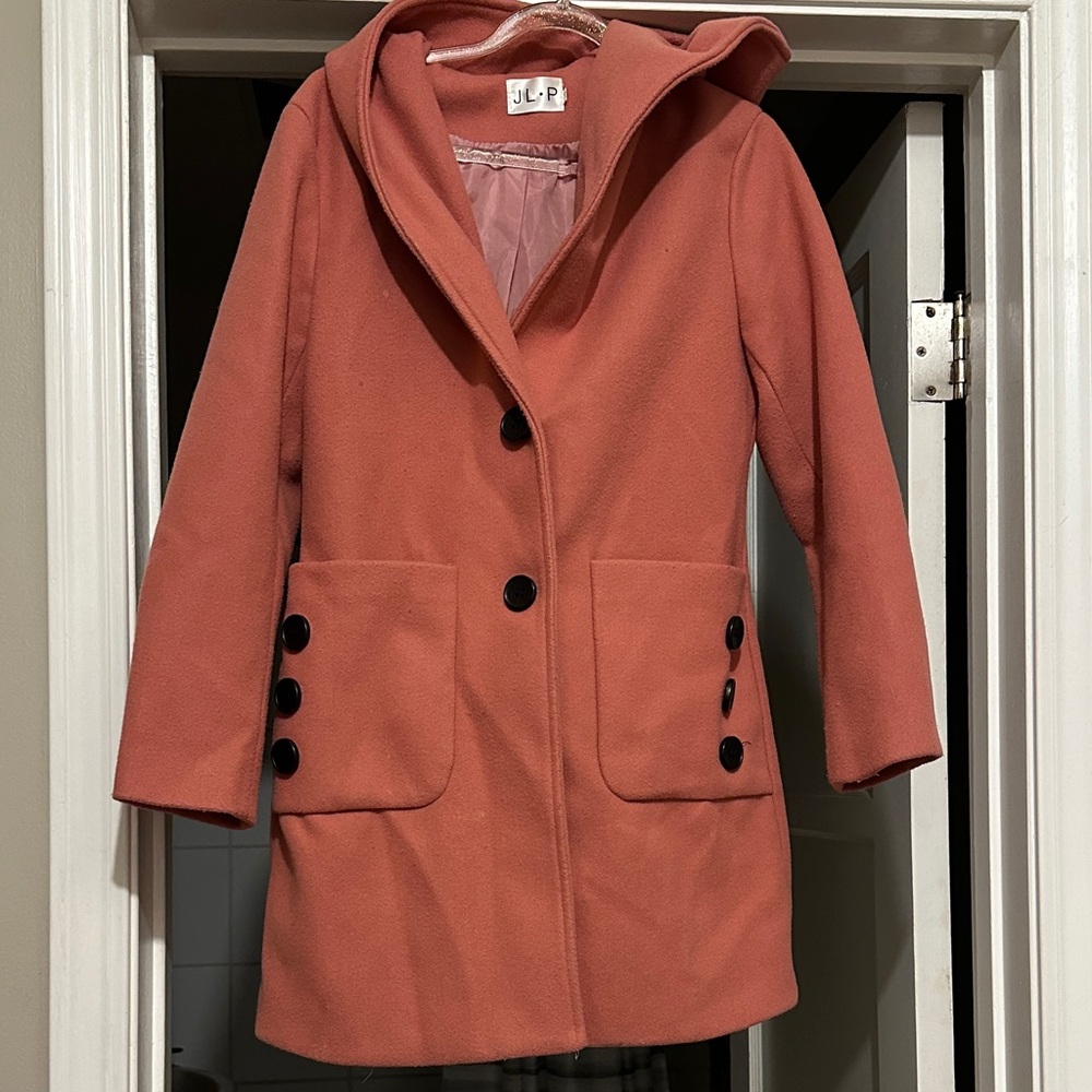 Avec Les Filles Coral hooded Pea Coat w pompom